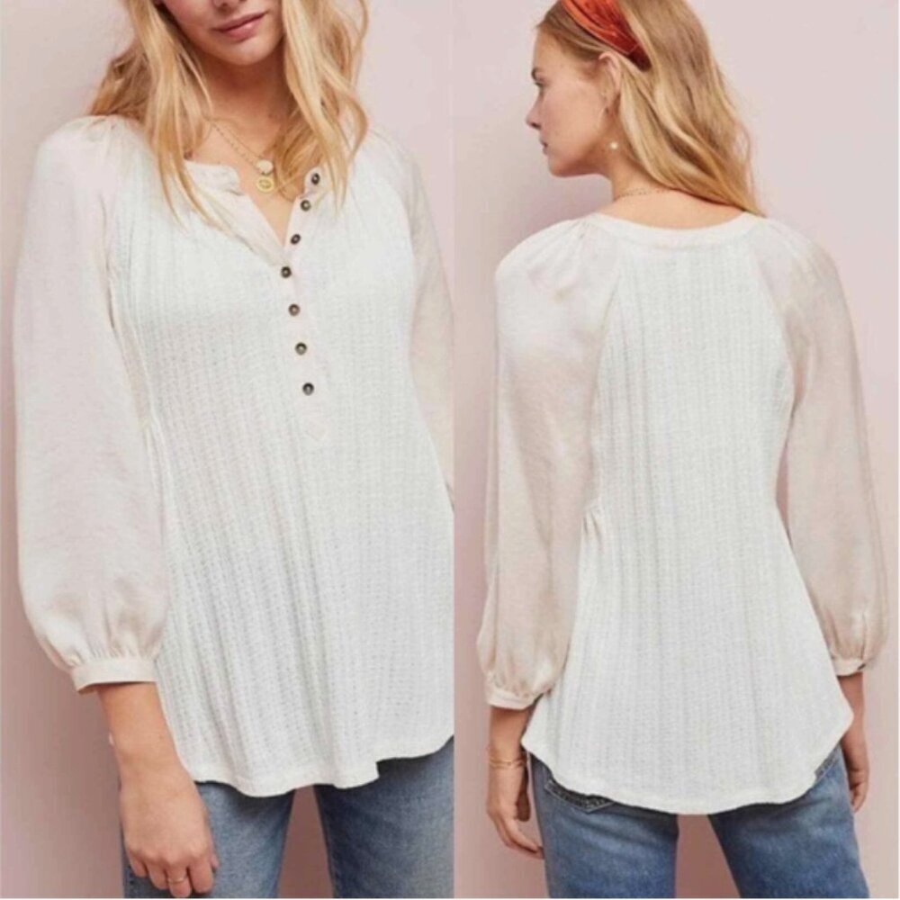 Meadow Rue Anthropologie Soft Girl Henley Blouse Cream Pink Cottagecore Top L